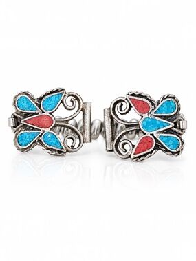 Vintage Zuni Sterling Silver Turquoise Coral Butterfly Inlay Watch Band Tips